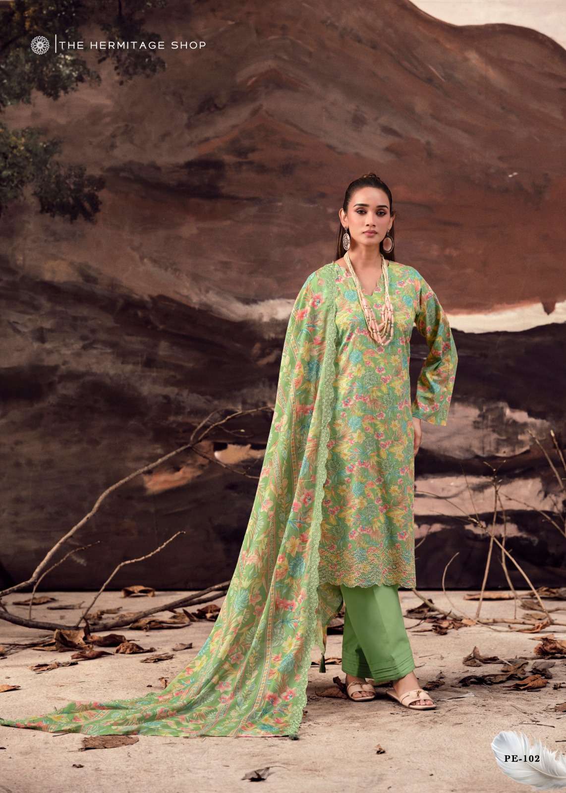 THE HERMITAGE SHOP PETALS IN MAL LAWN COTTON SCHIFFLI WORK SUIT LUXURY WEAR AND FESTIVE FASHION 